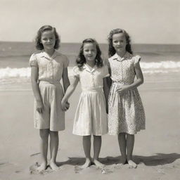 A vintage scene of three 11-year-old girls in 1945 period-appropriate outfits, holding hands and posing for a picture on a sandy beach with the ocean in the background.