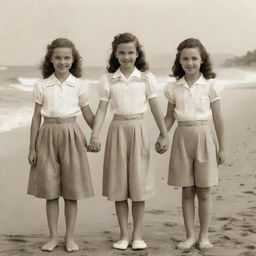 A vintage scene of three 11-year-old girls in 1945 period-appropriate outfits, holding hands and posing for a picture on a sandy beach with the ocean in the background.