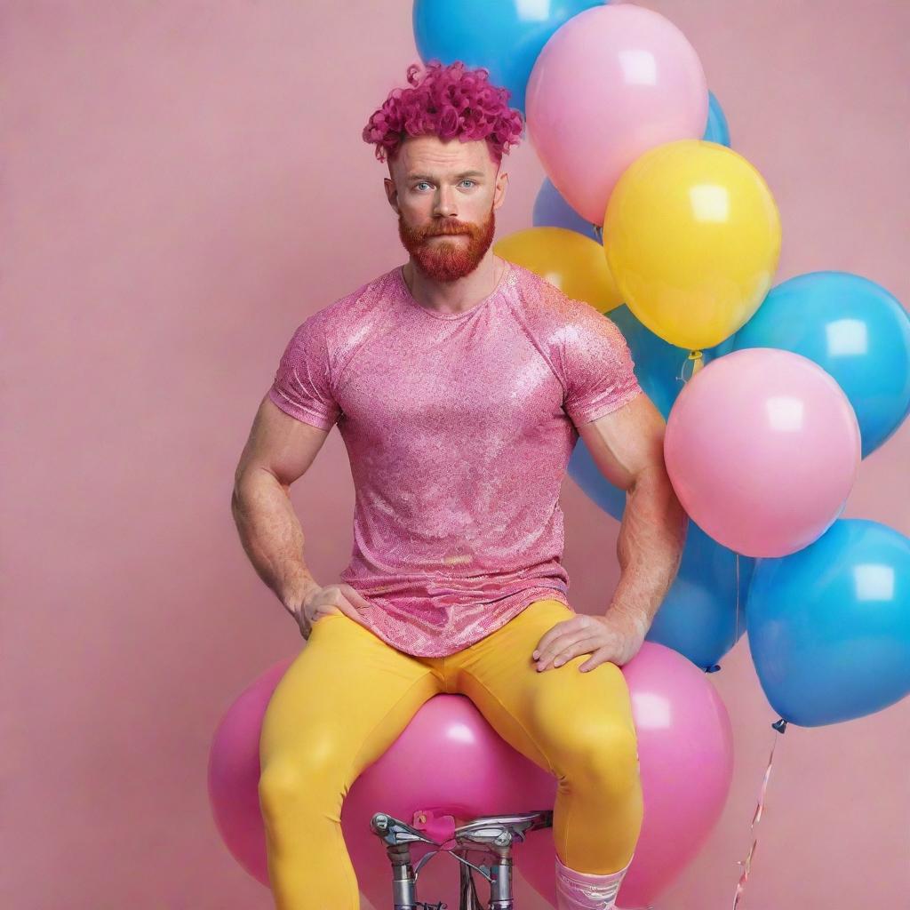 Hyperrealistic image of a muscular man in his 20s with freckles, magenta curly pompadour hair, magenta Garibaldi beard, and blue eyes, wearing pink leather clothes and sneakers. He's riding a pink pony surrounded by yellow and blue balloons.