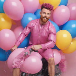 Hyperrealistic image of a muscular man in his 20s with freckles, magenta curly pompadour hair, magenta Garibaldi beard, and blue eyes, wearing pink leather clothes and sneakers. He's riding a pink pony surrounded by yellow and blue balloons.