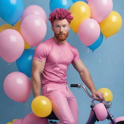 Hyperrealistic image of a muscular man in his 20s with freckles, magenta curly pompadour hair, magenta Garibaldi beard, and blue eyes, wearing pink leather clothes and sneakers. He's riding a pink pony surrounded by yellow and blue balloons.