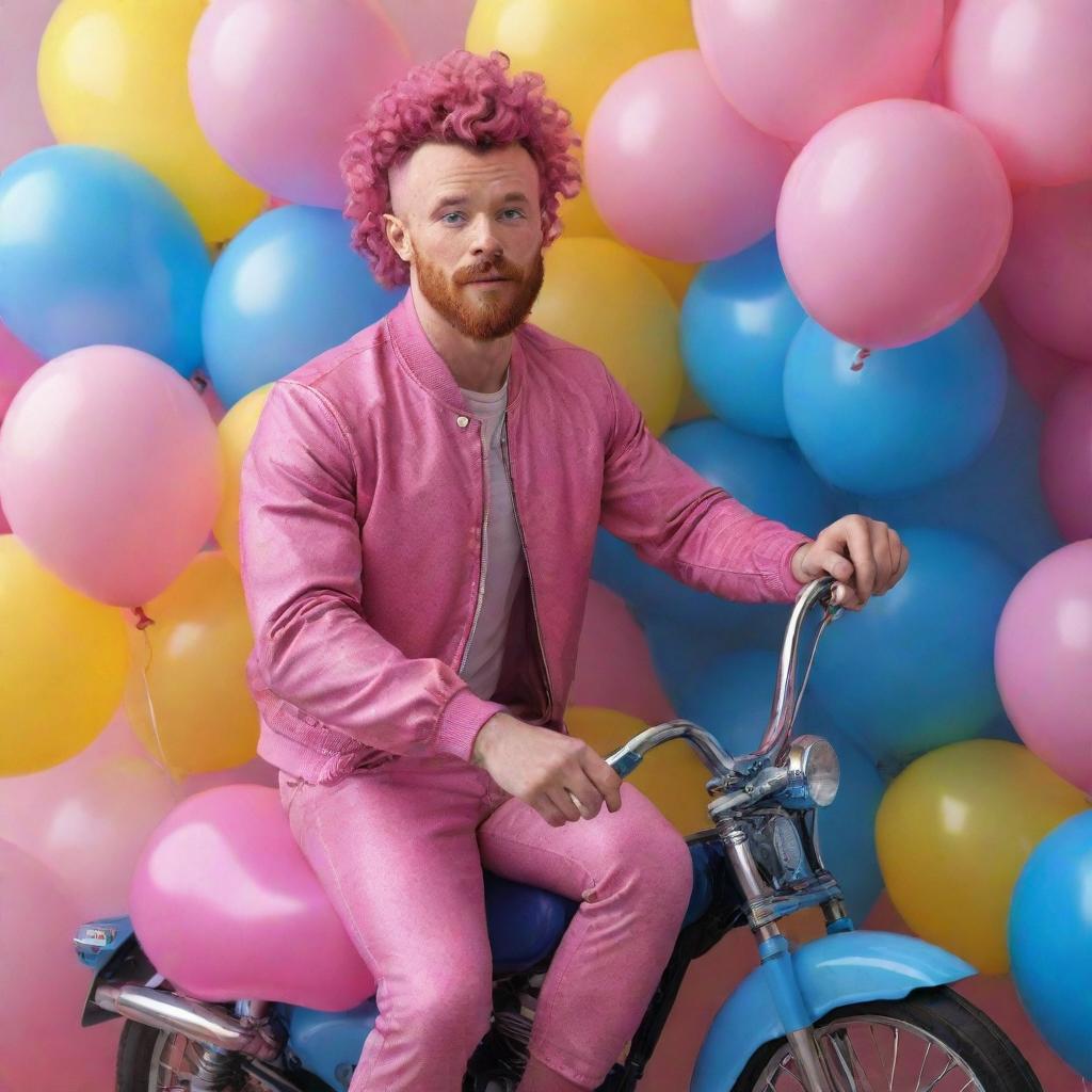 Hyperrealistic image of a muscular man in his 20s with freckles, magenta curly pompadour hair, magenta Garibaldi beard, and blue eyes, wearing pink leather clothes and sneakers. He's riding a pink pony surrounded by yellow and blue balloons.