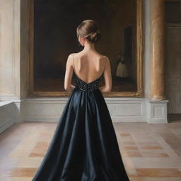 A painting of the back view of a girl wearing a black, elegant and expensive gown inside a palace