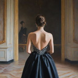 A painting of the back view of a girl wearing a black, elegant and expensive gown inside a palace