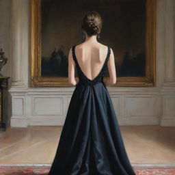 A painting of the back view of a girl wearing a black, elegant and expensive gown inside a palace