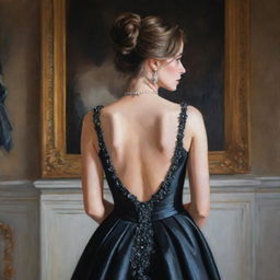 A painting of the back view of a girl wearing a black, elegant and expensive gown inside a palace