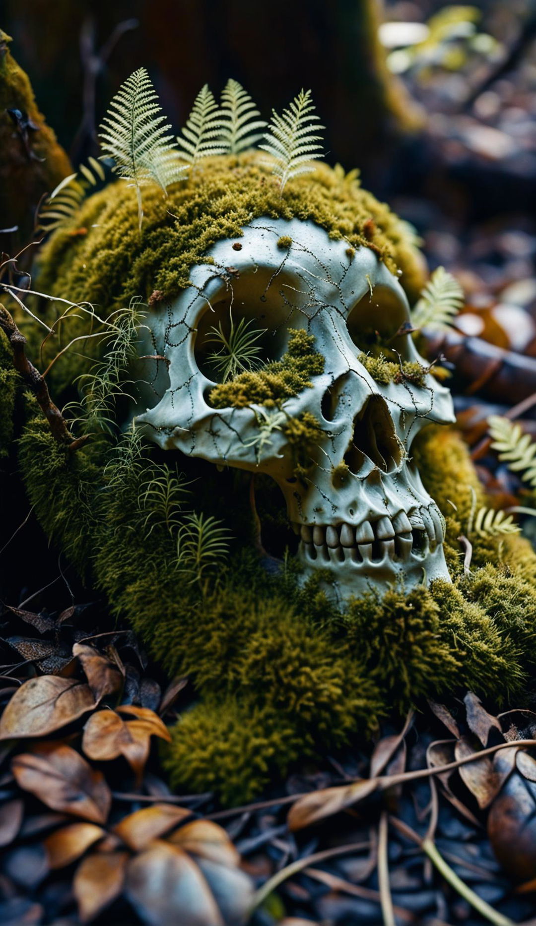 Ultra-detailed, photorealistic image of a human skull without horns, lying horizontally on the forest floor with moss creeping up and mushrooms growing out of both empty eye sockets.