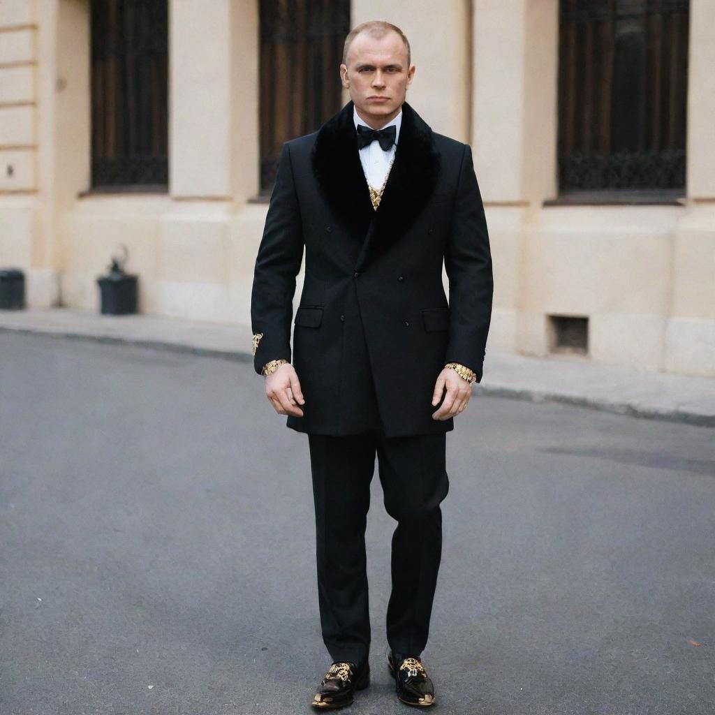 High-end luxury clothing inspired by the grim aesthetic of the Russian mafia, including dark-colored suits, fur coats, heavy gold jewelry, and leather shoes.