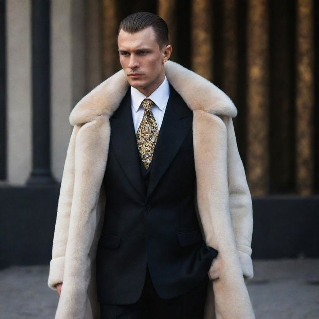 High-end luxury clothing inspired by the grim aesthetic of the Russian mafia, including dark-colored suits, fur coats, heavy gold jewelry, and leather shoes.