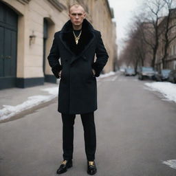 High-end luxury clothing inspired by the grim aesthetic of the Russian mafia, including dark-colored suits, fur coats, heavy gold jewelry, and leather shoes.