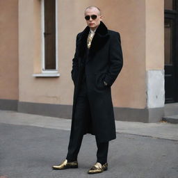 High-end luxury clothing inspired by the grim aesthetic of the Russian mafia, including dark-colored suits, fur coats, heavy gold jewelry, and leather shoes.