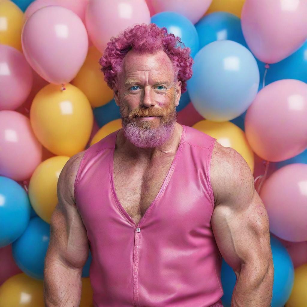 Hyperrealistic image of a huge muscular man in his 50s with freckles, magenta curly pompadour hair, magenta Garibaldi beard, and blue eyes. He's wearing pink leather clothes and sneakers. He's surrounded by yellow and blue balloons.