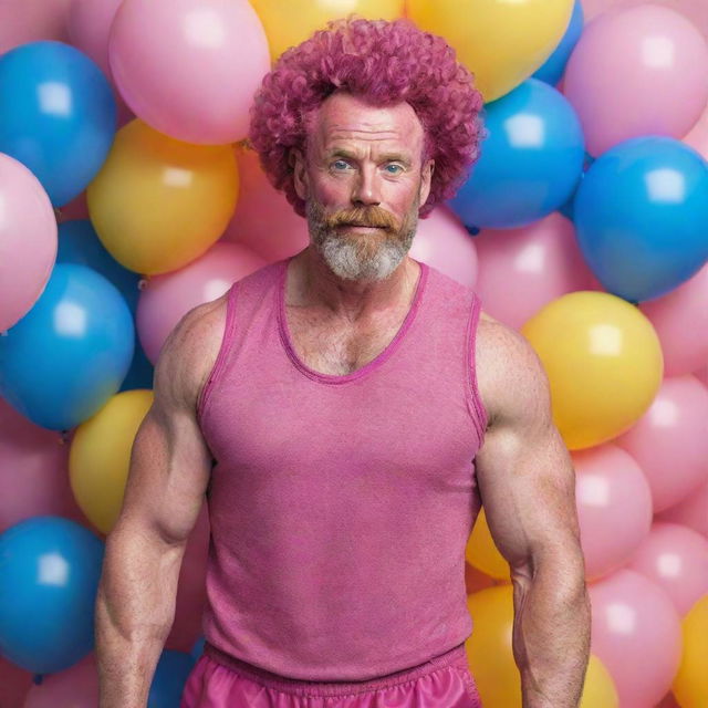 Hyperrealistic image of a huge muscular man in his 50s with freckles, magenta curly pompadour hair, magenta Garibaldi beard, and blue eyes. He's wearing pink leather clothes and sneakers. He's surrounded by yellow and blue balloons.