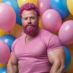 Hyperrealistic image of a huge muscular man in his 50s with freckles, magenta curly pompadour hair, magenta Garibaldi beard, and blue eyes. He's wearing pink leather clothes and sneakers. He's surrounded by yellow and blue balloons.