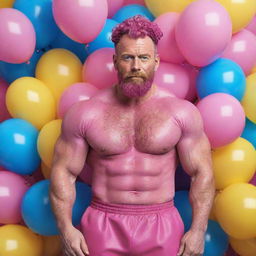 Hyperrealistic image of a huge muscular man in his 50s with freckles, magenta curly pompadour hair, magenta Garibaldi beard, and blue eyes. He's wearing pink leather clothes and sneakers. He's surrounded by yellow and blue balloons.