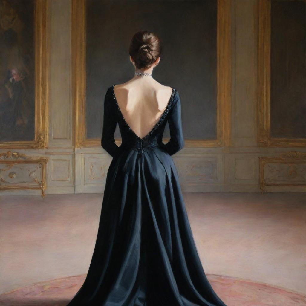 A painting of the back view of a girl modestly dressed in a black, elegant and expensive gown inside a palace