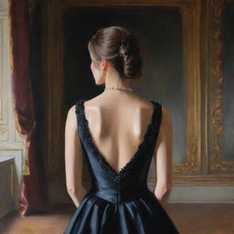 A painting of the back view of a girl modestly dressed in a black, elegant and expensive gown inside a palace