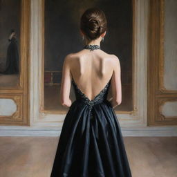 A painting of the back view of a girl modestly dressed in a black, elegant and expensive gown inside a palace