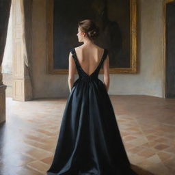 A painting of the back view of a girl modestly dressed in a black, elegant and expensive gown inside a palace