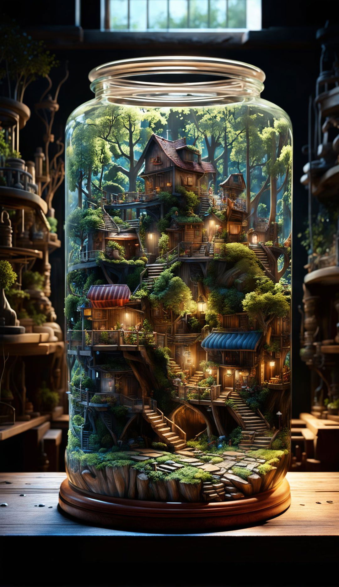 An entire town of elaborate, highly detailed treehouses and cottages, contained within a transparent jar on a table. The scene is bathed in cinematic lighting, creating an eerie and mysterious mood. Rendered in photorealistic 8K resolution in the style of Moebius.