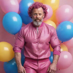 Hyperrealistic image of a huge muscular male model in his 50s with freckles, magenta curly pompadour hair, magenta Garibaldi beard, and blue eyes. He's wearing pink leather clothes and sneakers, surrounded by yellow and blue balloons.