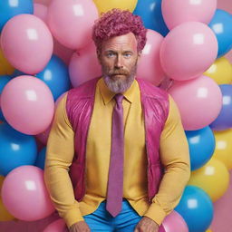 Hyperrealistic image of a huge muscular male model in his 50s with freckles, magenta curly pompadour hair, magenta Garibaldi beard, and blue eyes. He's wearing pink leather clothes and sneakers, surrounded by yellow and blue balloons.