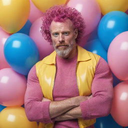 Hyperrealistic image of a huge muscular male model in his 50s with freckles, magenta curly pompadour hair, magenta Garibaldi beard, and blue eyes. He's wearing pink leather clothes and sneakers, surrounded by yellow and blue balloons.