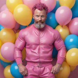 Hyperrealistic image of a huge muscular male model in his 50s with freckles, magenta curly pompadour hair, magenta Garibaldi beard, and blue eyes. He's wearing pink leather clothes and sneakers, surrounded by yellow and blue balloons.