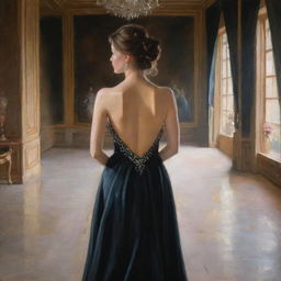 A painting of a girl in a black, elegant and expensive gown, her back modestly covered, inside a palace