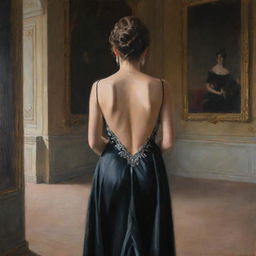 A painting of a girl in a black, elegant and expensive gown, her back modestly covered, inside a palace