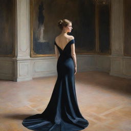 A painting of a girl in a black, elegant and expensive gown, her back modestly covered, inside a palace