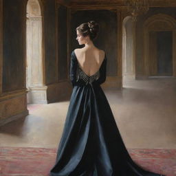 A painting of a girl in a black, elegant and expensive gown, her back modestly covered, inside a palace