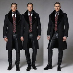 Additional details for the luxury clothing inspired by Russian mafia theme, featuring ominous skull designs on ties, cuff links with ruby gemstones, patterned satin dress shirts under fur-trimmed coats, and polished black leather boots.