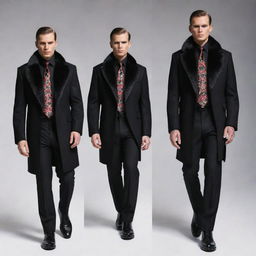 Additional details for the luxury clothing inspired by Russian mafia theme, featuring ominous skull designs on ties, cuff links with ruby gemstones, patterned satin dress shirts under fur-trimmed coats, and polished black leather boots.