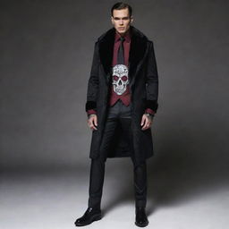 Additional details for the luxury clothing inspired by Russian mafia theme, featuring ominous skull designs on ties, cuff links with ruby gemstones, patterned satin dress shirts under fur-trimmed coats, and polished black leather boots.