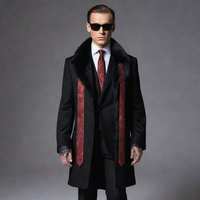 Additional details for the luxury clothing inspired by Russian mafia theme, featuring ominous skull designs on ties, cuff links with ruby gemstones, patterned satin dress shirts under fur-trimmed coats, and polished black leather boots.