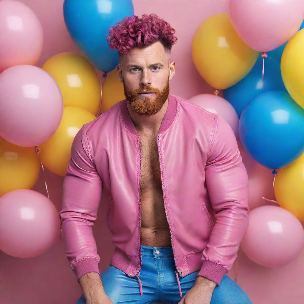 Hyperrealistic image of a huge muscular male model in his 20s with freckles, magenta curly pompadour hair, magenta Garibaldi beard, and blue eyes. He's wearing pink leather clothes and sneakers, surrounded by yellow and blue balloons.