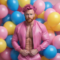 Hyperrealistic image of a huge muscular male model in his 20s with freckles, magenta curly pompadour hair, magenta Garibaldi beard, and blue eyes. He's wearing pink leather clothes and sneakers, surrounded by yellow and blue balloons.