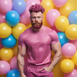 Hyperrealistic image of a huge muscular male model in his 20s with freckles, magenta curly pompadour hair, magenta Garibaldi beard, and blue eyes. He's wearing pink leather clothes and sneakers, surrounded by yellow and blue balloons.