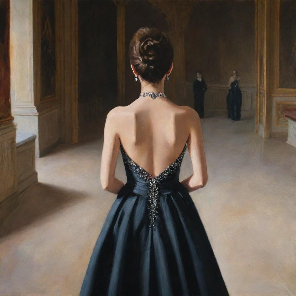 A painting of a girl facing back, wearing a black, elegant and expensive gown inside a palace