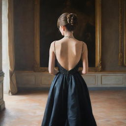 A painting of a girl facing back, wearing a black, elegant and expensive gown inside a palace