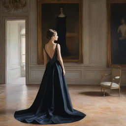 A painting of a girl facing back, wearing a black, elegant and expensive gown inside a palace