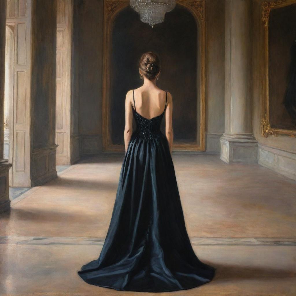 A painting of a girl facing back, wearing a black, elegant and expensive gown inside a palace