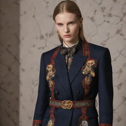 Russian mafia-themed luxury clothing melded with Gucci style - think bold prints, exquisite tailoring, and statement accessories. A fusion of dark, intimidating vibes with high-fashion luxury and eccentric Gucci-inspired elements.