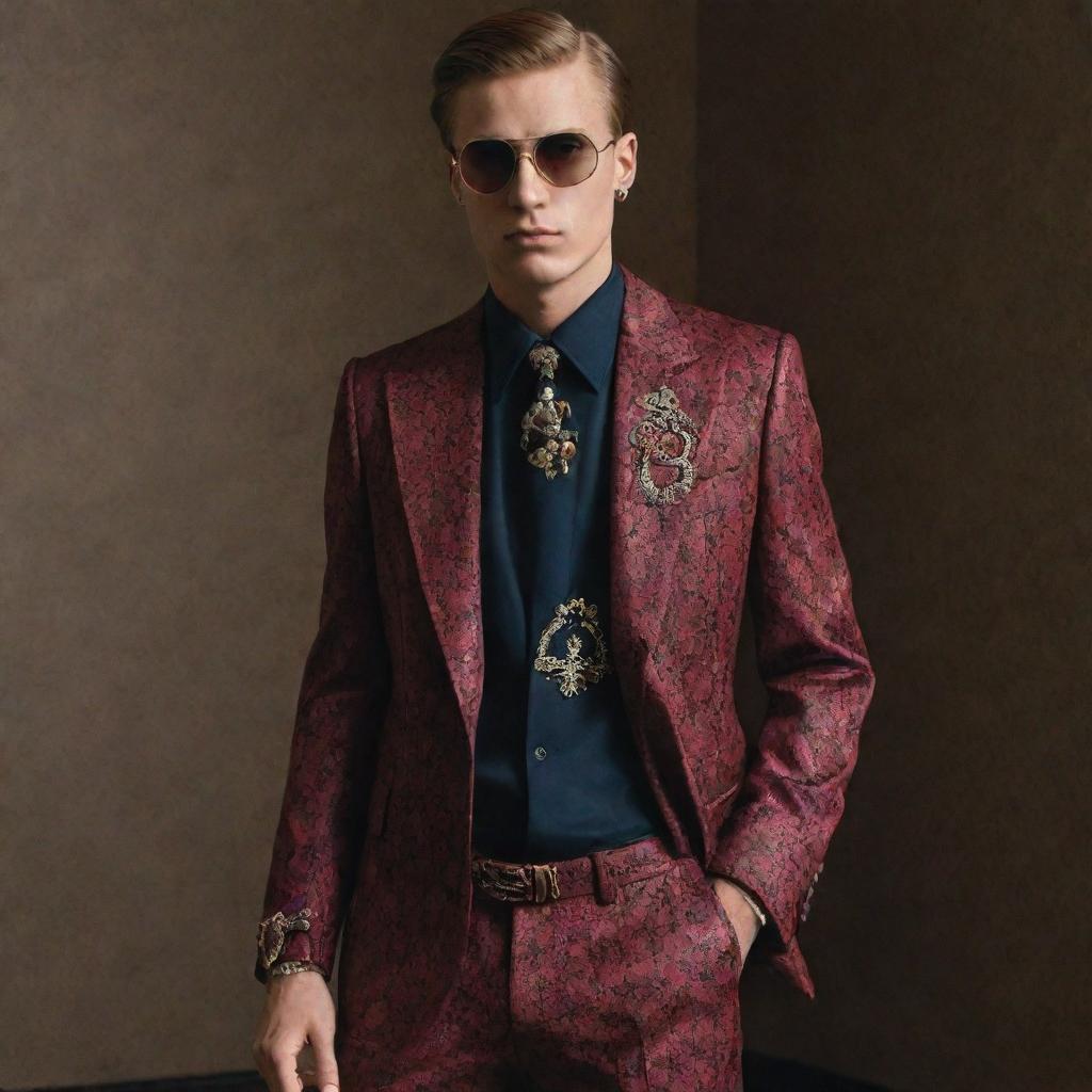 Russian mafia-themed luxury clothing melded with Gucci style - think bold prints, exquisite tailoring, and statement accessories. A fusion of dark, intimidating vibes with high-fashion luxury and eccentric Gucci-inspired elements.