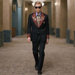 Russian mafia-themed luxury clothing melded with Gucci style - think bold prints, exquisite tailoring, and statement accessories. A fusion of dark, intimidating vibes with high-fashion luxury and eccentric Gucci-inspired elements.