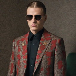 Russian mafia-themed luxury clothing melded with Gucci style - think bold prints, exquisite tailoring, and statement accessories. A fusion of dark, intimidating vibes with high-fashion luxury and eccentric Gucci-inspired elements.