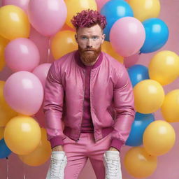 Hyperrealistic image of a huge muscular male model in his 20s with freckles, magenta curly pompadour hair, magenta Garibaldi beard, and blue eyes. He's wearing skinny pink leather clothes and sneakers, surrounded by yellow and blue balloons.