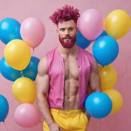 Hyperrealistic image of a huge muscular male model in his 20s with freckles, magenta curly pompadour hair, magenta Garibaldi beard, and blue eyes. He's wearing skinny pink leather clothes and sneakers, surrounded by yellow and blue balloons.