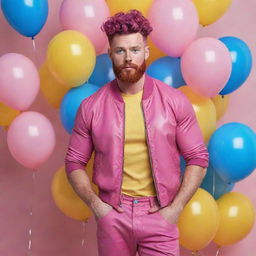 Hyperrealistic image of a huge muscular male model in his 20s with freckles, magenta curly pompadour hair, magenta Garibaldi beard, and blue eyes. He's wearing skinny pink leather clothes and sneakers, surrounded by yellow and blue balloons.